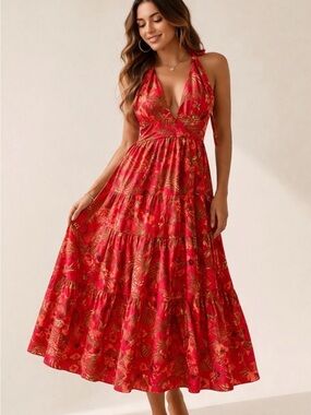 House of Harlow 1960 Linen Tiered Maxi Dress Tropical Print Tie Strap Red Small